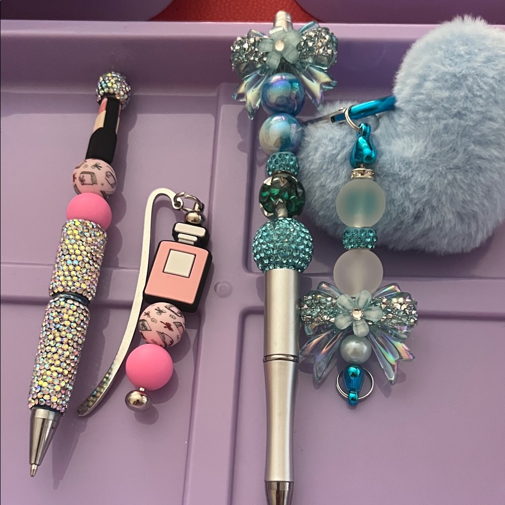 Rhinestone Crystal Pens with Pink and Aqua Beaded Charms